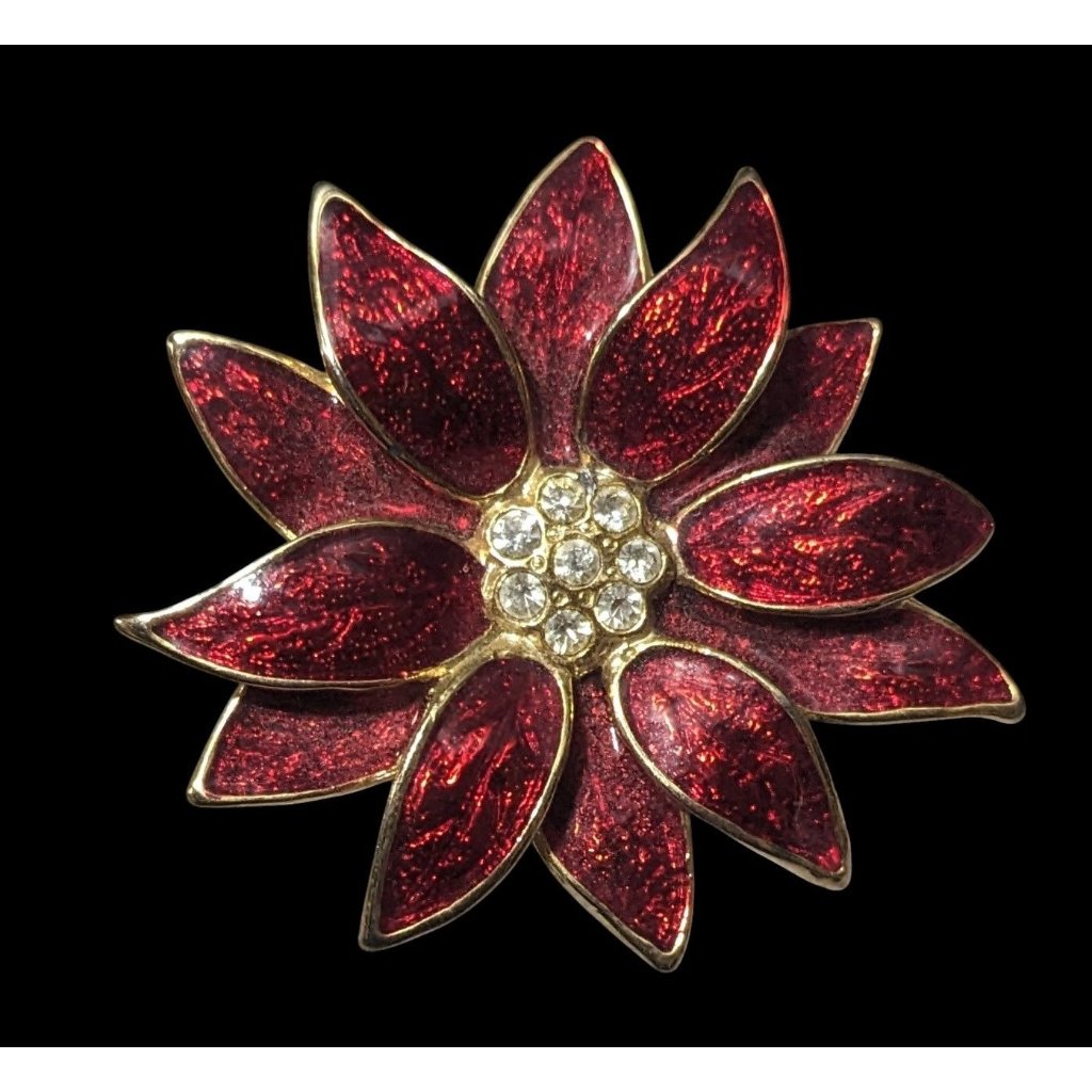 Vintage Sfj Christmas Enameled Poinsettia Brooch